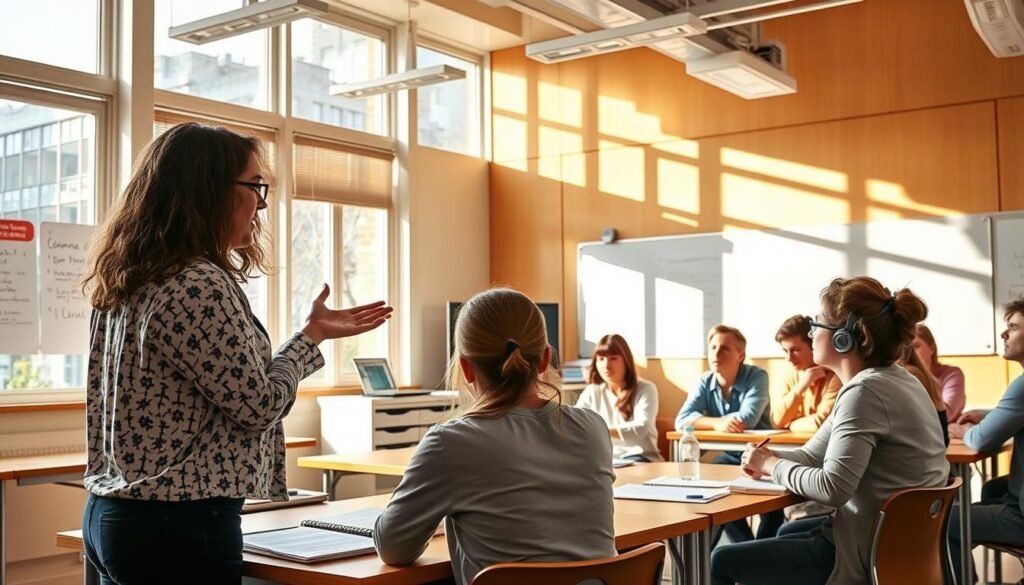 A classroom scene with a teacher guiding and engaging students in a dynamic language learning environment. The teacher stands at the front, gesturing expressively as they explain a grammar concept. Students sit attentively, some taking notes, others participating in a lively discussion. Warm, natural lighting filters through large windows, creating a sense of openness and collaboration. The classroom is well-equipped with language learning materials, whiteboards, and visuals that support the interactive lesson. An atmosphere of focused learning and intellectual curiosity pervades the space, underscoring the teacher's crucial role in facilitating effective language instruction.