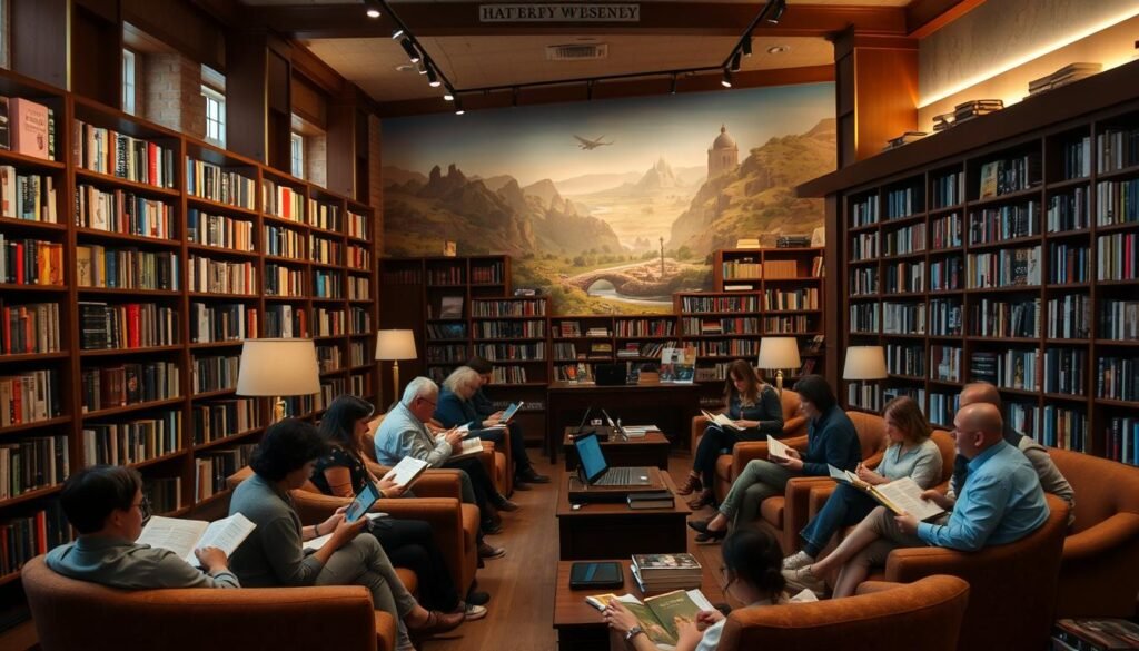A cozy bookshop interior, brimming with wooden shelves filled with books. Diffused, warm lighting casts a soft glow, inviting readers to browse. In the foreground, a group of people sit comfortably in plush armchairs, immersed in their books, creating a sense of community and shared experience. The middle ground features a large table with several laptops and tablets, suggesting the integration of digital reading. In the background, a mural depicts scenes of faraway lands, hinting at the boundless exploration and knowledge within the pages. The overall atmosphere is one of tranquility, curiosity, and the joy of discovering new stories.