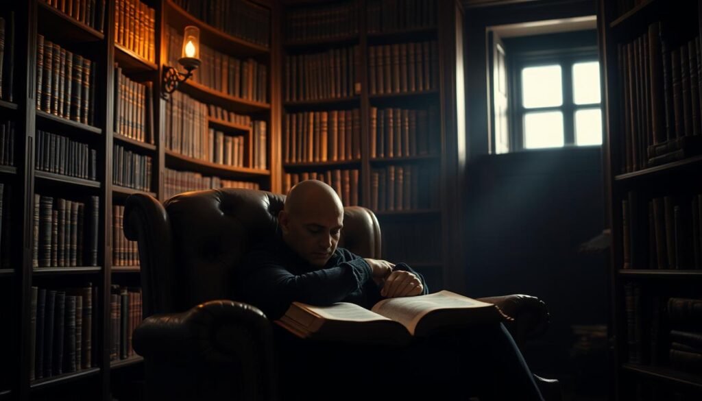 A dimly lit study, with ornate wooden shelves lining the walls, filled with ancient tomes. On a worn leather armchair, a figure sits pensively, holding an open Bible, their face cast in a warm, contemplative glow from the flickering firelight. Soft shadows dance across the room, evoking a sense of reverence and the weight of centuries-old knowledge. The scene conveys the profound impact of the inerrancy of Scripture, the unwavering certainty of God's Word, and the transformative power it holds for those who seek its truth.