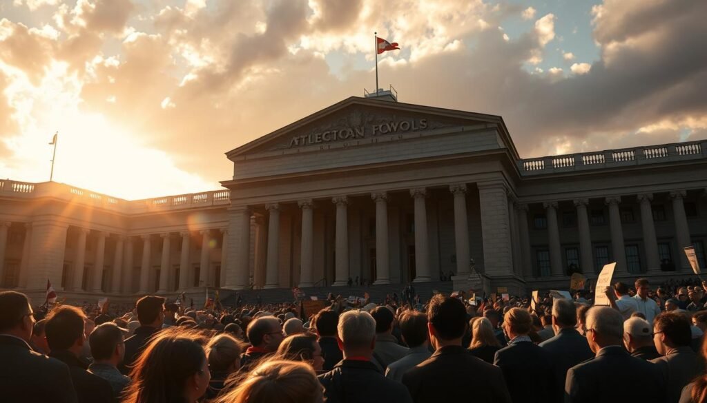 A high-resolution, photorealistic depiction of a government building or parliament, with a focus on the entrance or main facade. The scene should convey a sense of authority and gravitas, with the structure appearing imposing yet stately. Dramatic lighting, such as warm, golden sunlight streaming through clouds, should create a sense of significance and importance. In the foreground, a crowd of people, perhaps protesters or activists, should be gathered, their body language and facial expressions suggesting a mix of determination, frustration, and anticipation. The overall atmosphere should communicate the impact and implications of a key decision regarding electoral laws, with the building representing the seat of power and the crowd embodying the public's response.