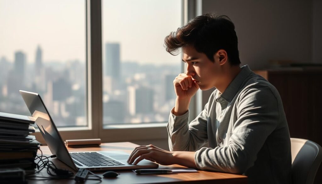 A perplexed student sitting at a desk, squinting in concentration as they strain to comprehend the foreign words playing from a laptop. Soft, natural lighting casts gentle shadows, creating a contemplative atmosphere. The cluttered desk symbolizes the mental clutter of trying to parse the unfamiliar language. In the background, a hazy cityscape suggests the broader societal challenge of learning English. The student's body language conveys the frustration and effort required to overcome the difficulty of listening comprehension in a second language.
