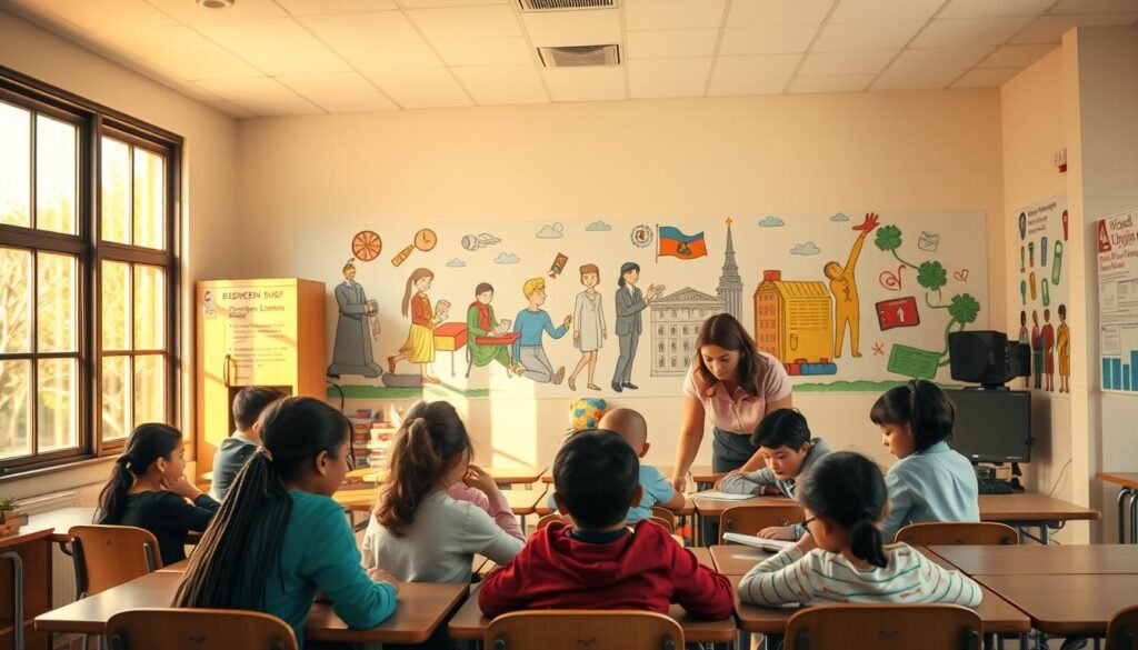 A serene classroom setting, illuminated by warm natural light pouring through large windows. In the foreground, a diverse group of students of varying abilities engage in collaborative learning activities, assisted by an attentive teacher. The middle ground showcases educational resources and assistive technologies tailored to the needs of the students. In the background, a vibrant mural depicts symbols of inclusive education, government policies, and community support. The overall atmosphere exudes a sense of empowerment, inclusion, and the transformative power of accessible education.