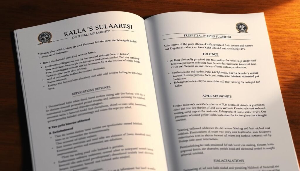 A sleek, professional-looking document displaying the key requirements and application details for the Kalla Scholarship in Sulawesi. The page is arranged in a clean, organized layout with elegant typography. A subtle background texture adds visual interest. Crisp, high-resolution graphics such as university seals or symbolic icons frame the text sections. Warm, directional lighting casts a subtle glow, creating depth and drawing the eye to the important information. The overall tone is one of authority, accessibility, and academic prestige, reflecting the prestigious nature of the scholarship program.