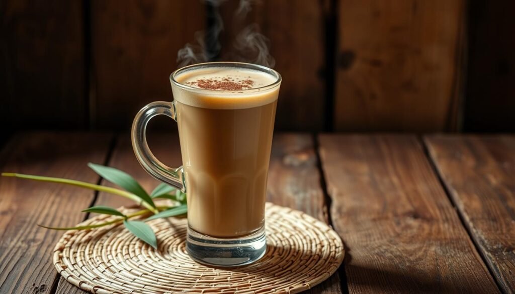 A steaming glass of creamy, golden-brown kopi susu gula aren, set against a warm, rustic backdrop. In the foreground, the frothy surface is crowned with a light dusting of dark, aromatic coffee powder. The glass stands on a weathered wooden table, surrounded by natural textures - a woven rattan placemat, a sprig of fresh pandan leaves, and the mottled grain of the tabletop. Soft, diffused lighting illuminates the scene, casting gentle shadows and highlights that accentuate the rich, caramelized tones of the drink. The overall mood is one of comfort, tradition, and the inviting allure of a beloved Indonesian specialty.
