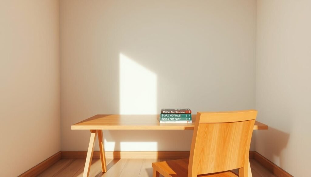 A tranquil, minimalist study with a wooden desk and chair, bathed in warm, soft lighting. On the desk, a stack of motivational books titled "Buku Motivasi PDF", their covers prominently displayed. The room's neutral tones and clean lines create a contemplative, introspective atmosphere, inviting the viewer to engage with the themes of personal growth and resilience evoked by the subject matter.