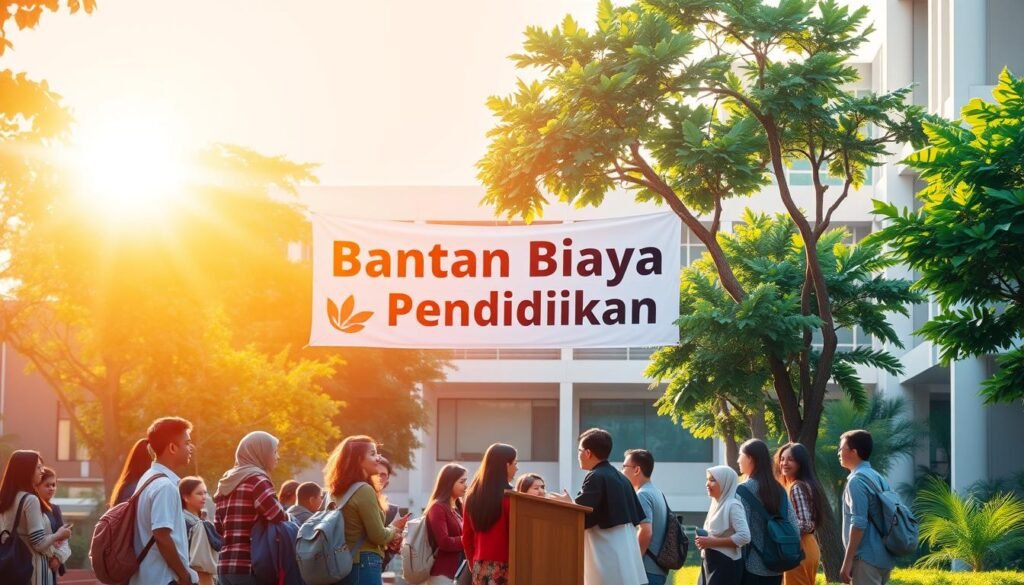 A university campus set against a vibrant, sun-dappled backdrop. In the foreground, a group of diverse students gathers around a lectern, engaged in a discussion about financial aid opportunities. The scene is illuminated by warm, natural lighting, casting a sense of optimism and possibility. In the middle ground, a large banner proudly displays the text "Bantuan Biaya Pendidikan," highlighting the institution's commitment to supporting students' educational aspirations. The background features a blend of modern architecture and lush, verdant foliage, creating a welcoming and nurturing environment. The overall composition conveys a sense of community, opportunity, and the transformative power of accessible education.