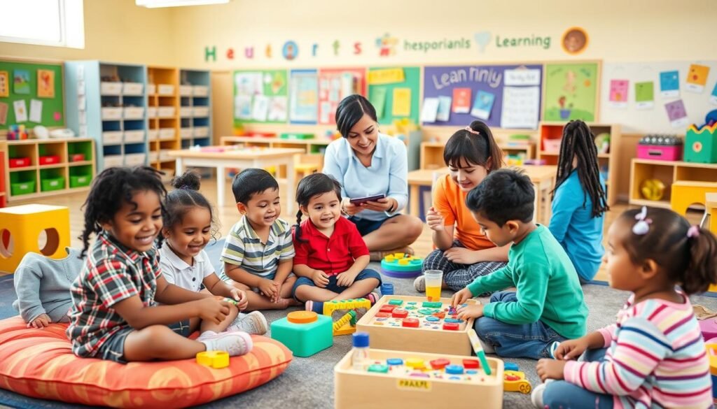 A vibrant, inclusive classroom filled with happy children engaged in various learning activities. In the foreground, a group of students of diverse backgrounds sit on colorful cushions, exploring educational toys and puzzles, their faces alight with joy and curiosity. In the middle ground, a teacher guides a student one-on-one, using interactive learning materials to accommodate their unique needs. The background showcases a warm, well-lit space with colorful murals, inspirational wall displays, and an array of engaging learning stations, creating an inviting and stimulating environment. The scene exudes a sense of inclusivity, creativity, and a child-centric approach to learning.