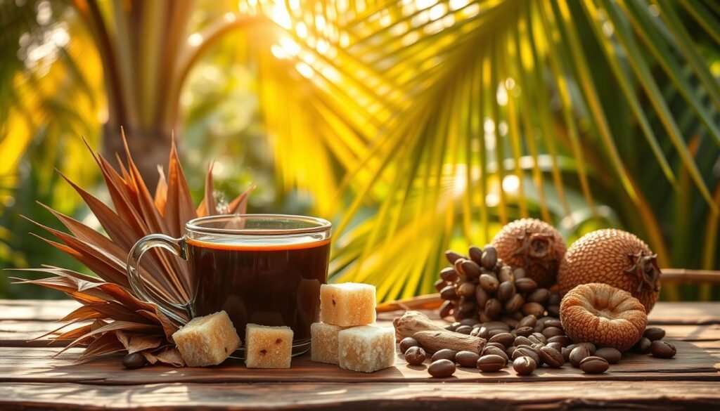 A vibrant still life showcasing the beauty of "rekor muri kopi aren". In the foreground, a rustic wooden table displays a steaming cup of the rich, aromatic coffee, its dark-brown hue contrasting with the light-colored palm sugar cubes beside it. Surrounding the cup, an arrangement of dried palm leaves, ripe brown sugar palm fruits, and a few whole coffee beans. The middle ground features a lush, verdant tropical background, with swaying palm fronds casting soft, dappled shadows. Warm, golden-hour lighting illuminates the scene, creating a cozy, inviting atmosphere. The overall composition emphasizes the natural, earthy tones and textures of this traditional Indonesian delicacy.