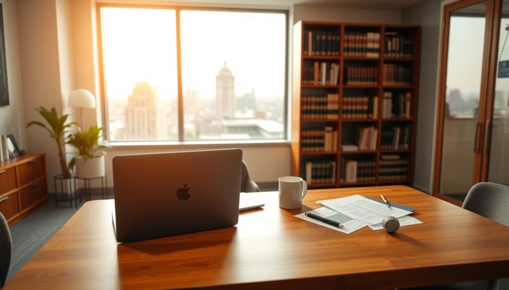 A well-lit office setting, with a wooden desk in the foreground. On the desk, a laptop, some documents, and a coffee mug. In the middle ground, a row of bookshelves, filled with law textbooks. The background features a large window, letting in natural light and offering a view of a cityscape. A sense of professionalism and academic focus permeates the scene. The lighting is soft and even, creating a warm, inviting atmosphere. The camera angle is slightly elevated, providing a clear, unobstructed view of the workspace. Overall, the image conveys the process of selecting scholarship candidates in the field of law.