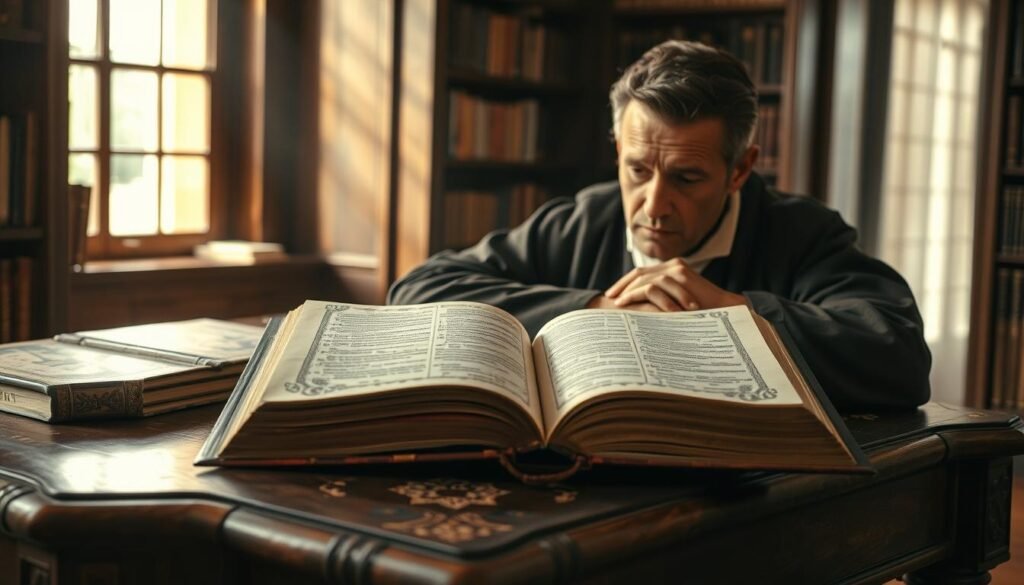An illuminated Bible rests on an antique wooden table, its pages open to reveal intricate calligraphy and ornate illustrations. A contemplative scholar, dressed in scholarly robes, leans over the text, brow furrowed in deep concentration. Soft, warm lighting filters through a nearby window, casting a reverent glow upon the scene. In the background, bookshelves line the walls, hinting at the wealth of knowledge and interpretation that can be found within the pages of the sacred text. The atmosphere is one of reverence, study, and a deep respect for the divine word.
