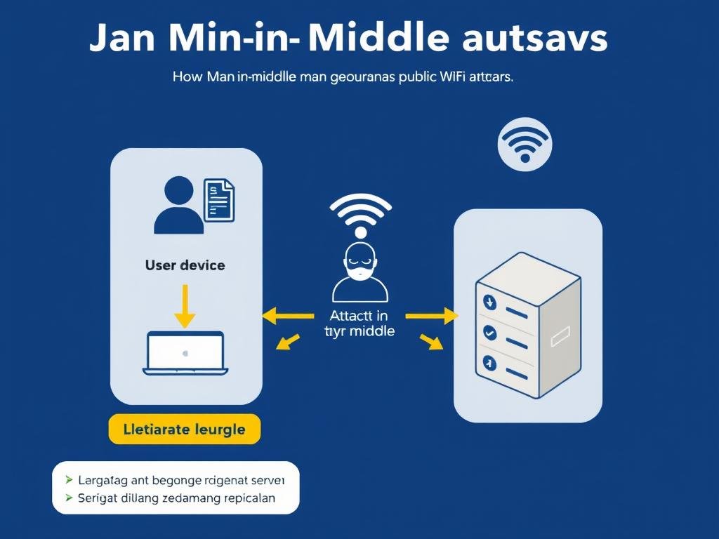 Diagram serangan Man-in-the-Middle pada jaringan Wi-Fi publik Diagram serangan Man-in-the-Middle pada jaringan Wi-Fi publik