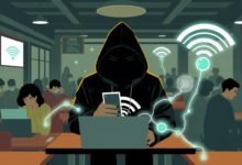 Ilustrasi peretas mencuri data melalui jaringan Wi-Fi publik di kafe