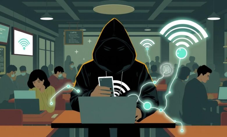 Ilustrasi peretas mencuri data melalui jaringan Wi-Fi publik di kafe