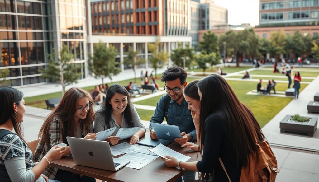 A bustling campus scene, a group of enthusiastic students gathered around a table, engaged in lively discussions. In the foreground, they pore over documents and laptop screens, their expressions animated as they collaborate on a project. The middle ground features a backdrop of modern university buildings, their sleek glass and steel facades bathed in warm, natural lighting. In the distance, a verdant quad dotted with trees and benches, where other students lounge and converse. The overall atmosphere conveys a sense of academic rigor, community, and intellectual pursuit - the hallmarks of a thriving student organization.