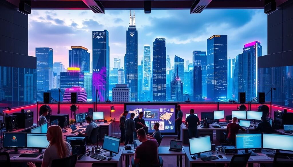 A bustling content studio set against a modern cityscape, showcasing the growth of a digital business. In the foreground, a team of creatives collaborates at sleek workstations, surrounded by high-tech equipment and vibrant mood lighting. The middle ground features a central collaboration area with a large interactive display, where colleagues discuss strategy and brainstorm new ideas. In the background, the towering skyscrapers of a thriving metropolis loom, symbolizing the scalable potential of the enterprise. The overall atmosphere conveys a sense of productivity, innovation, and the dynamic expansion of a content-driven venture.