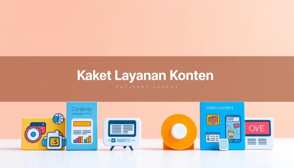 A visually appealing package design showcasing a range of content services. In the foreground, various icons and graphics represent different content types such as blog posts, social media posts, and video content. The middle ground features a clean, minimalist layout with a prominent title "Paket Layanan Konten" in a sleek, modern font. The background has a soft, warm gradient that conveys a sense of professionalism and trustworthiness. The overall composition is balanced, with careful attention to typography, color palette, and iconography to create an enticing and informative offering for potential clients.