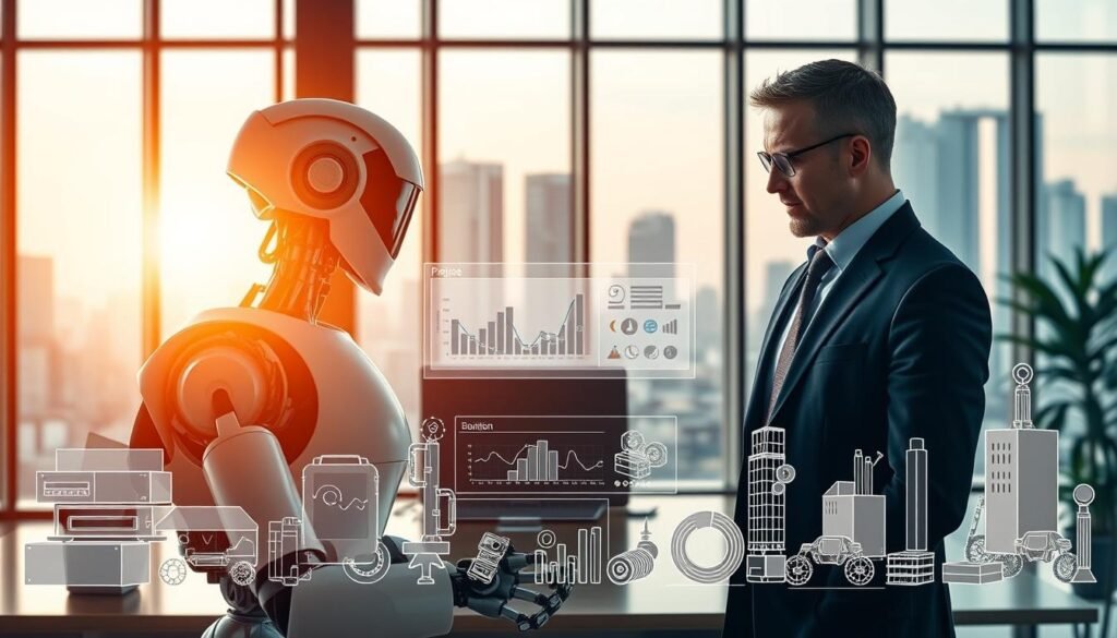A striking visual comparison between AI automation and traditional automation in a modern office setting. In the foreground, a sophisticated robot working alongside a human project manager in professional attire, both focused on a digital project dashboard. In the middle ground, illustrations of automated machinery contrasted with traditional tools, showcasing interaction and collaboration. The background features a sleek, futuristic office with large windows revealing a cityscape, emphasizing innovation. Soft, natural lighting pours in from the windows, highlighting the contrast between the warm tones of traditional tools and the cool, sleek lines of AI technology. The atmosphere conveys a sense of synergy and progress, inviting viewers to reflect on the future of project management.