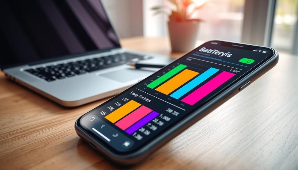 A close-up view of an iPhone displaying detailed battery usage stats for various applications on the screen, showcasing bars and graphs in vivid colors. The foreground features the sleek iPhone prominently placed on a wooden desk, with soft natural light illuminating its glossy screen. In the middle, a blurred laptop and a notepad with notes about battery tracking methods are subtly visible, enhancing the tech-savvy atmosphere. The background includes a softly focused modern workspace with a potted plant, adding a touch of freshness. The overall mood is focused and professional, emphasizing clarity and efficiency in managing battery life. There are no people in the image, ensuring a clean, distraction-free composition.