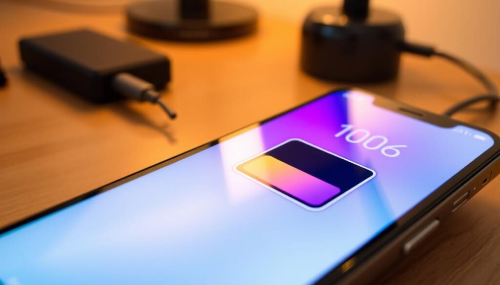 A close-up view of an iPhone displaying its battery health metrics on the screen, emphasizing vibrant colors representing battery levels from 100% to 1%. In the foreground, the phone shows an elegant battery icon with a gradient color change effect, showcasing a detailed percentage readout. The middle background subtly features a blurred workspace with a wooden desk and a charging cable. Soft, warm lighting casts gentle shadows, creating a professional and inviting atmosphere. A macro lens perspective highlights the phone's sleek design and the crispness of the display, while maintaining a clean, minimalistic aesthetic. No text or branding is visible, ensuring focus remains on the battery health feature.