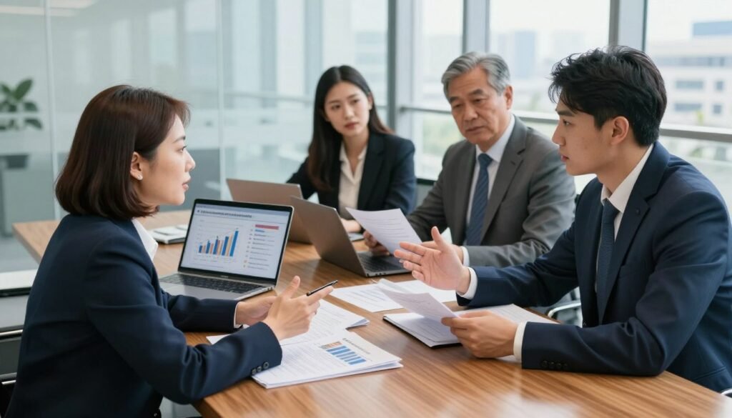 A dynamic scene depicting a political party transition, showcasing a diverse group of four professionals in formal business attire, engaged in a lively discussion around a large, polished wooden table filled with documents and laptops. In the foreground, a focused middle-aged woman gestures with a pen, emphasizing a point, while a young man closely examines documents. Behind them, two others, a young woman and an older gentleman, review graphs on a laptop, illustrating party performance metrics. The background features a glass wall with cityscape views, symbolizing transparency and progress. Soft, natural light floods the room, creating a collaborative and serious atmosphere. The camera angle is slightly above eye level, capturing the intensity of the discussion and the importance of pivotal moments in party leadership transitions. A dynamic scene depicting a political party transition, showcasing a diverse group of four professionals in formal business attire, engaged in a lively discussion around a large, polished wooden table filled with documents and laptops. In the foreground, a focused middle-aged woman gestures with a pen, emphasizing a point, while a young man closely examines documents. Behind them, two others, a young woman and an older gentleman, review graphs on a laptop, illustrating party performance metrics. The background features a glass wall with cityscape views, symbolizing transparency and progress. Soft, natural light floods the room, creating a collaborative and serious atmosphere. The camera angle is slightly above eye level, capturing the intensity of the discussion and the importance of pivotal moments in party leadership transitions.