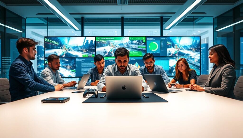 A dynamic scene illustrating the impact of Xbox Cloud Gaming on developers and the gaming ecosystem. In the foreground, a diverse group of game developers—three men and two women dressed in smart casual clothing—are collaborating around a sleek, modern conference table, with laptops and gaming devices in front of them. In the middle ground, large screens display vibrant game graphics and analytics, showcasing the excitement of cloud gaming technology. The background features a futuristic office space with large windows that reveal a bustling city skyline. The lighting is bright and professional, emphasizing innovation and creativity, with lens focus on the developers’ engaged expressions. The overall mood is inspiring, portraying collaboration and forward-thinking in the gaming industry.