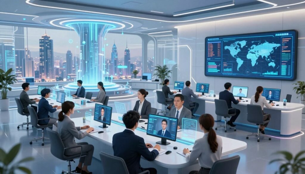 A futuristic virtual bank office in the metaverse, showcasing a sleek and modern design. In the foreground, diverse professionals in business attire engage in a VR meeting, their avatars interacting with virtual interfaces and holographic data displays. The middle ground features a spacious, high-tech environment with digital screens displaying financial analytics and global market trends. The background showcases a panoramic view of a vibrant, digital cityscape with futuristic architecture and floating data streams. The scene is illuminated with soft blue and white lighting, creating a serene and professional atmosphere, viewed from a slightly elevated angle to capture the depth of the space. The mood is innovative and collaborative, emphasizing the concept of virtual banking in the metaverse.