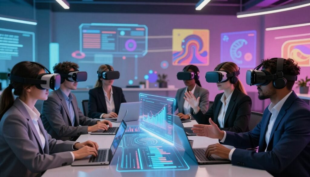 A futuristic virtual meeting scene set in a vibrant metaverse environment. In the foreground, a diverse group of professional individuals, dressed in business attire, are engaged in an animated discussion, using VR headsets and gesturing. The middle section features an interactive digital table displaying data and holographic charts, illustrating productivity metrics. The background reveals a colorful, virtual office landscape with floating panels and abstract digital art, embodying a high-tech atmosphere. Soft, ambient lighting casts a professional glow, highlighting the participants and their tech. The mood is dynamic yet focused, showcasing the innovative yet complex nature of virtual meetings in the metaverse.