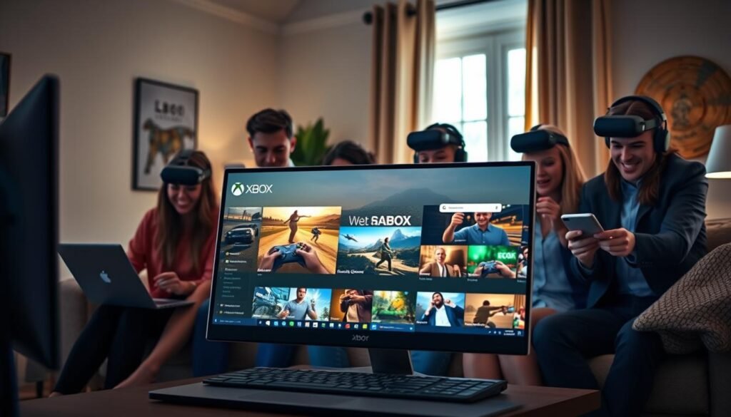 A sleek, modern PC interface displaying the Xbox application prominently in the foreground, showcasing vibrant graphics from popular games. The middle ground features a diverse group of people in professional business attire, eagerly interacting with various devices—laptops, tablets, and smartphones—while engaged in Xbox Cloud Gaming. The background sets a tech-savvy home environment with ambient lighting, accentuated by futuristic gaming gear like headsets and controllers. Natural light filters through a window, creating a comfortable yet dynamic atmosphere. The overall mood is excited and collaborative, reflecting the cutting-edge world of gaming technology, inviting viewers into the immersive experience of Xbox Cloud Gaming.