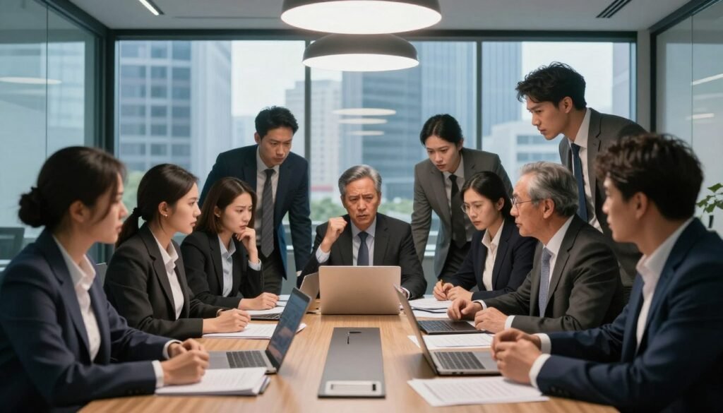 A tense scene depicting internal conflict among party members in a modern office setting. In the foreground, a diverse group of professionals in business attire engage in a heated discussion, their expressions reflecting frustration and determination. In the middle, a large conference table scattered with documents and laptops symbolizes the chaos of political maneuvering. The background features glass walls showcasing a cityscape, suggesting a vibrant yet competitive environment. The lighting is dramatic, with harsh overhead lights contrasting with soft daylight filtering through the windows, creating a dynamic and charged atmosphere. Capture a sense of urgency and ambition, highlighting the struggle for influence and unity within the party. A tense scene depicting internal conflict among party members in a modern office setting. In the foreground, a diverse group of professionals in business attire engage in a heated discussion, their expressions reflecting frustration and determination. In the middle, a large conference table scattered with documents and laptops symbolizes the chaos of political maneuvering. The background features glass walls showcasing a cityscape, suggesting a vibrant yet competitive environment. The lighting is dramatic, with harsh overhead lights contrasting with soft daylight filtering through the windows, creating a dynamic and charged atmosphere. Capture a sense of urgency and ambition, highlighting the struggle for influence and unity within the party.