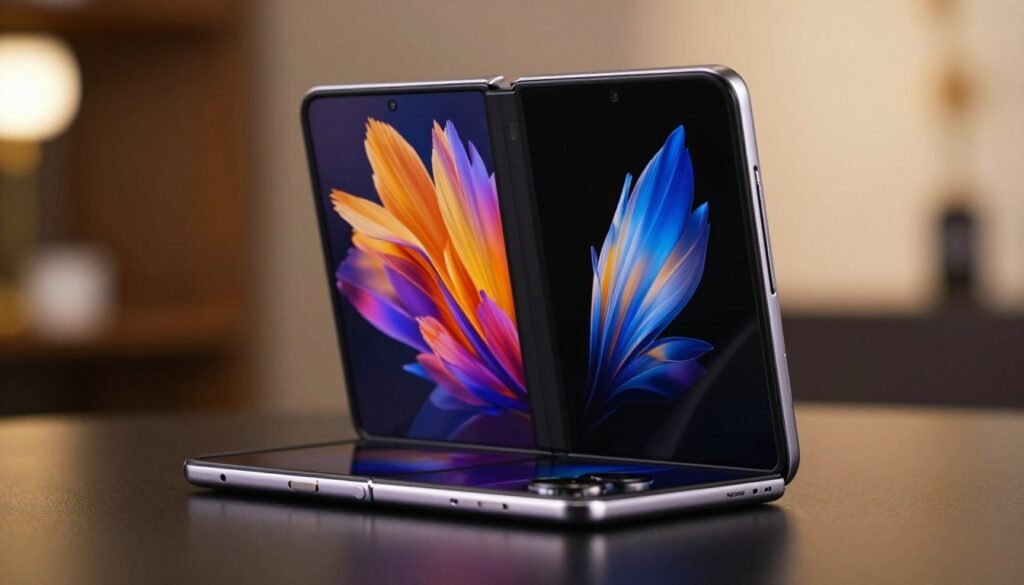 A sleek and modern TECNO Phantom V Fold smartphone with a vibrant LTPO AMOLED display, vividly showcasing its stunning visuals. The foreground features the folded phone angled slightly to reveal its elegant design and luxurious finishes. In the middle ground, focus on the screen lighting up, displaying rich colors and deep blacks that highlight the advanced technology of the display. The background is softly blurred, hinting at a stylish, professional environment with warm ambient light, creating an inviting atmosphere. The mood conveys innovation and sophistication, perfect for the highlight on screen performance. Use a shallow depth of field to emphasize the phone in sharp focus. Capture the image with a slight low angle to enhance its presence and grandeur.